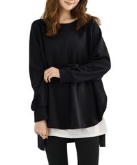 [グリーンパキラ] チュニック レディース 秋冬 着痩せ トップス 長袖 ゆったり お尻が隠れるトップス トレーナー スウェット カットソー 体型カバー 大きめ プルオーバー 重ね着 着回し シンプル 無地 秋服 冬服 黒 [ブラック] [Free Size]
