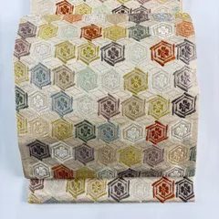 【在庫一掃】 【美品】 袋帯 名品 亀甲 花 箔 唐織 ベージュ 六通 正絹 【中古】