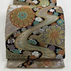【在庫一掃】 袋帯 秀品 関西仕立て 菊 流水 金糸 箔 黒 六通 正絹 【中古】