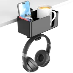 【人気商品】デスクストレージ(黒い)-Cup 回転可能なヘッドホンハンガーとスマートフォン、カップ、ペン収納できる取り外し可能な フックヘッドホンホルダー ヘッドホン スタンド2つワイヤホール付きの卓下 Holder ドリンクホルダー付きヘッドホン 1デス