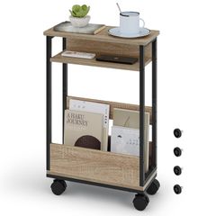 サイドテーブル スリム キャスター付き 幅40×奥行き18×高さ59.5cm ナイトテーブル スリム ベッドサイドテーブル ベッド横 おしゃれ 隙間ラック ソファテーブル 木製 キャスター付きラックエンドテーブル 木目調 オーク/ ebee92a0