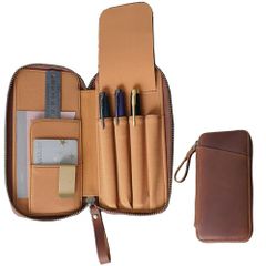 Dom Teporna 職人手作り レトロな革ペンケース クレイジーホースレザー製 4本収納 コーヒーカラー 学生・ビジネス用 おしゃれ文具入れ (C, Bシリーズ)/ 8da482a3