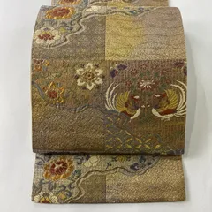 【在庫一掃】 袋帯 美品 秀品 向かい鳥 花唐草 箔 刺繍 金茶 六通 正絹 【中古】