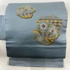 【在庫一掃】 名古屋帯 秀品 草花 花唐草 金糸 刺繍 青灰色 正絹 【中古】