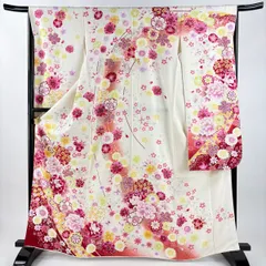 【在庫一掃】 振袖 身丈165.5cm 裄丈66cm M 袷 牡丹 桜 銀通し 刺繍 クリーム 正絹 逸品 【中古】