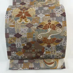 【在庫一掃】 【美品】 袋帯 秀品 鳥 花唐草 箔 灰紫 六通 正絹 【中古】