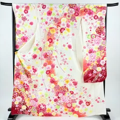 【在庫一掃】 振袖 身丈169.5cm 裄丈68cm L 袷 牡丹 桜 銀通し 刺繍 クリーム 正絹 逸品 【中古】