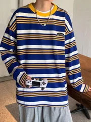 メンズ Tシャツ 長袖 ロンT クルーネック ストライプ ボーダー グリーン ブルー ストリート カジュアル 韓国ファッション ルーズフィット オーバーサイズ ビッグシルエット レイヤード 春 秋 オールシーズン 通気性 トレンド おしゃれ ユニセックス