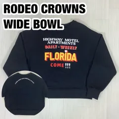 【美品】RODEO CROWNS WIDE BOWL ロデオクラウンズワイドボウル ビッグプリント スウェット トレーナー フリーサイズ ブラック 黒 着丈59cm 肩幅62cm 身幅(脇下)59cm 袖丈55cm【古着】