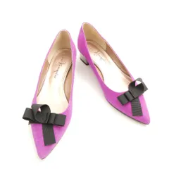 未使用 銀座かねまつ ポインテッドトゥパンプス 25cm スエード ローヒール リボン 太ヒール レディース AD1581 