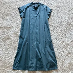 マーガレットハウエル バンドカラー コットンロングワンピース 半袖 ブルー　フリー