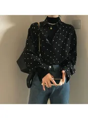シャツ  ブラウス レディース 春 秋 長袖 水玉柄 トップス ドット柄 ベーシック フェミニン 着回し シンプル おしゃれ 大人 カジュアル  こなれ感 ゆったり ゆるっと ブラック 黒 春 夏 オフィス フォーマル 1472