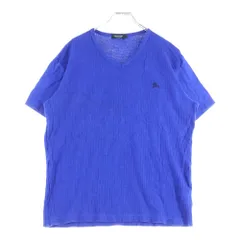 BURBERRY BLACK LABEL (バーバリー ブラックレーベル) ワンポイントロゴ刺繍 Vネック ワッフル生地 長袖Tシャツ カットソー ブルー D1P24-123-25