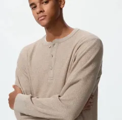 完売品) 日本 UNIQLO ワッフル ヘンリーネック ベージュ XL 1回着