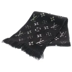 LOUIS VUITTON (ルイヴィトン) モノグラム エシャルプ・ロゴマニア シャイン フリンジマフラー ストール ブラック M75833