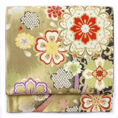 袋帯 幅30.5cm 長さ442cm レディース 花柄 秋冬春用 正絹（シルク）ゴールド 美品 リメイク リユース リサイクル【呉服のきくや】