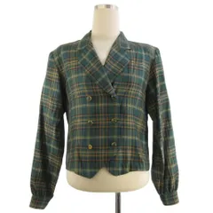バーバリーズ Burberrys ジャケット ステンカラー ダブル 総裏なし 薄手 金ボタン チェック 緑 グリーン 7R ■ECT