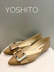 【YOSHITO/ヨシト】ローヒールパンプス ライトカーキ 24.5㎝ バックル パイソン2E 本革 ローヒール　フラットパンプス