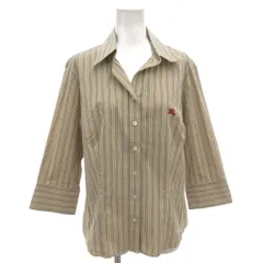 バーバリー ロンドン BURBERRY LONDON 開襟シャツ オープンカラー 15 ベージュ ストライプ柄 七分袖 ロゴ刺繍 /FF ■GY14