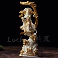 水月観音菩薩 観音 神様 神 仏 ホワイト 白 金 ゴールド 置物 オブジェ 幸運 長寿 縁起物 魔除け 厄除 開運 幸運 財運 金運 安産祈願 無病息災 子宝 健康運 リビング オフィス 玄関 彫刻 木彫