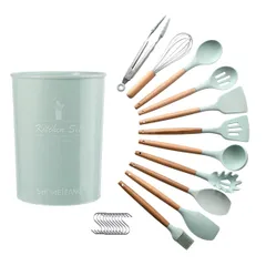 キッチンツールセット 11点 シリコン＆ステンレス製 泡だて器 フライ返し おたま スプーン トング スパゲッティサーバー 大へら 収納スタンド 日本食品安全認証 淡青