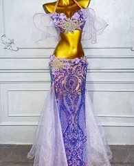 新品 未使用 手作り ベリーダンス衣装 レディース オリエンタルダンス コスチューム スパンコール刺繍 シフォンフリル袖 ビジュー装飾ブラ ロングスカートセット ステージ衣装 舞台衣装 演出服 発表会衣装 ショーダンス ラテンダンス パフォーマンス衣装