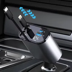 【在庫セール】車 充電器 シガーソケット 4台同時充電 【巻き取り式】4in1 カーチャージャー 巻き取り式充電ケーブル 2本付き Type-C100W/Lightning 20W急速充電 車載充電器 対応iPhone 16/15/14/13/12 Galax