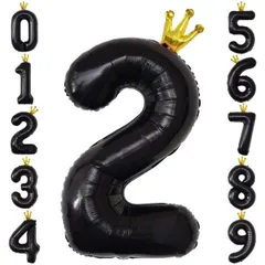 GRESATEK バルーン 数字 風船 誕生日 黒 40インチ 大きい ナンバー2 バースデーバルーン 王冠付き クラウン 飾り付け 結婚式 パーティー 記念日 ウェディング ブラック