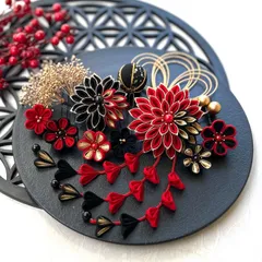 ＊°:｡＊ つまみ細工 髪飾り ＊｡:°＊  深紅　黒　ゴールド　成人式　卒業式　振袖　袴　かすみ草　和玉　水引　赤　ブラック　金