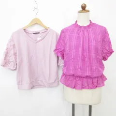 イング INGNI ブラウス カットソー 2枚セット 半袖 五分袖 ニット プルオーバー 丸首 パフ袖 シアー フリル Vネック 刺繍 チェック 無地 ピンク ラベンダー M