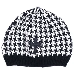 CHROME HEARTS (クロムハーツ) Houndstooth Pattern Cashmere Beanie カシミヤ レザーパッチ ビーニー ニット帽 ホワイト/ブラックのサムネイル