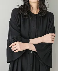 ロングスリーブワンピース  長袖シャツワンピース レディース  フレアスリーブ  ゆったり カジュアル 体型カバー ブラック