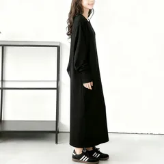  レディース長袖ワンピース ワッフル生地 ゆったり 体型カバー 無地　ブラック