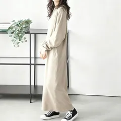  レディース長袖ワンピース ワッフル生地 ゆったり 体型カバー 無地　アプリコット