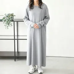  レディース長袖ワンピース ワッフル生地 ゆったり 体型カバー 無地　ライトグレー