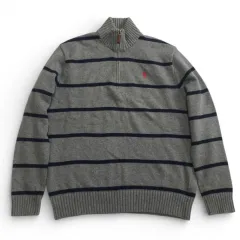 美品　RALPH LAUREN　ラルフローレン　ハーフジップ　ハイネック　ユニセックス　ニット　セーター　ボーダー　サイズXS　ポニー　刺繍　コットン　グレーのサムネイル