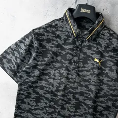 美品 PUMA GOLF プーマ 半袖 ポロシャツ トップス メンズ L / 黒 ブラック 迷彩 カモフラ 総柄 ゴールド 吸汗速乾 ストレッチ ゴルフウェア