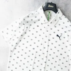 美品 PUMA GOLF プーマ 半袖 ポロシャツ トップス メンズ M 白 ホワイト アライグマ総柄 ストレッチ ゴルフウェア スポーツ 春夏 練習着