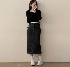 ハイウエスト 生デニム ブラックデニム バックスリット ロング丈スカート s