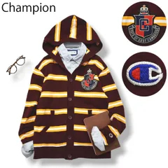 【エンブレム付き】 チャンピオン Champion ボタンアップ イースト ケンブリッジ州 スクール スウェット パーカー  M ボーダー柄 ワイン x マスタード x ホワイト メンズ