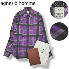 日本製 アニエスベー オム agnes b homme  長袖 ドレスシャツ 36 チェック柄 パープル x グレー メンズ フレンチ カジュアル 