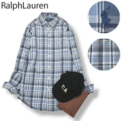 【清涼感】 インド製 ラルフローレン  RalphLauren CUSTOM FIT カスタムフィット 長袖 チェック柄 コットン ボタンダウン B.D. カジュアル  シャツ M ブルー系 メンズ