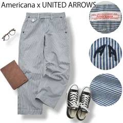 【別注】 アメリカーナ Americana x UNITED ARROWS ユナイテッドアローズ ヒッコリーストライプパンツ テーパード ワーク チノパンツ XS  白 x  青 メンズ