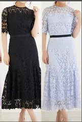 パーティードレス ワンピース レース 半袖 ウエストマーク 体型カバー ロングワンピース セレモニー フォーマル ブラック 黒 ブルー 青 水色 dl0163