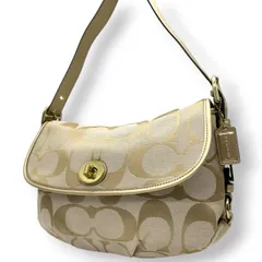 美品 コーチ COACH ショルダーバッグ 斜め掛け可 フラップ ターンロック シグネチャー F15171 キャンバス レザー ベージュ ゴールド エレガント クラシック 上品 レディース パーティー 鞄 カバン U8