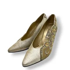 【良品】ジャンニ ヴェルサーチ GIANNI VERSACE パンプス ハイヒール 刺繍 装飾 ゴールド シルバー メタリック サテン 36 23cm パーティー フォーマル ヴィンテージ ラグジュアリー 婦人靴 CT1