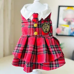 【ペット用】大型犬用 犬服 チェック柄 ワンピース ドレス　制服  レッド