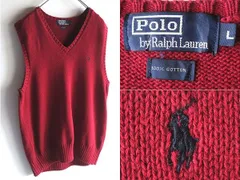 希少 90sビンテージ Polo by Ralph Lauren ラルフローレン ポロポニーロゴ刺繍 Vネック コットンニットベスト L バーガンディ 国内正規品