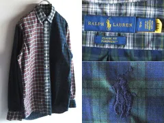 現行/QRコードタグ RALPH LAUREN ラルフローレン ポロポニーロゴ刺繍 クレイジー切替 チェックシャツ BDシャツ S 国内正規品