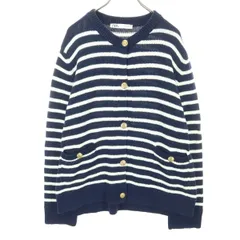 美品 ZARA ザラ ボーダー柄 長袖 コットン ニットカーディガン M ネイビー系 レディース 古着